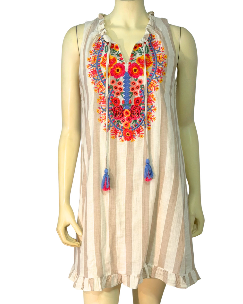 THML Sz M Split V-Neck Shift Dress Vibrant Boho Embroidery Neutral Stripe Cotton